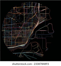 Map of ThunderBay, Ontario with all major and minor roads, railways and waterways. Colorful line art on black background.