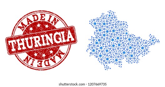 Map of Thuringia State vector mosaic and Made In grunge stamp. Map of Thuringia State created with blue cog links. Made in red seal with corroded rubber texture.