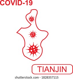 Map of Tianjin labeled "COVID-19". Red outline map on a white background. Vector illustration of a virus, coronavirus, epidemiology.
