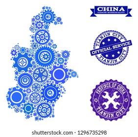 Map of Tianjin Municipality composed with blue engine items, and isolated scratched watermarks for official repair services.