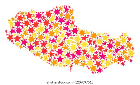 Map of Tibet composed with colored flat stars. Vector colored geographic abstraction of map of Tibet with red, yellow, orange stars. Festive mosaic design for Christmas illustrations.
