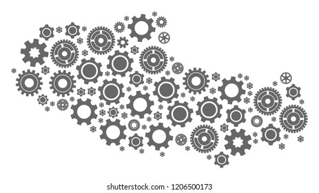 Map of Tibet formed with gray cog symbols. Vector abstract mosaic of map of Tibet with machinery symbols. Engineering flat design for industry posters.