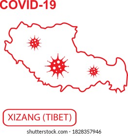 Mapa del Tíbet etiquetado como "COVID-19". Mapa de esquema rojo sobre un fondo blanco. Ilustración vectorial de un virus, coronavirus, epidemiología.