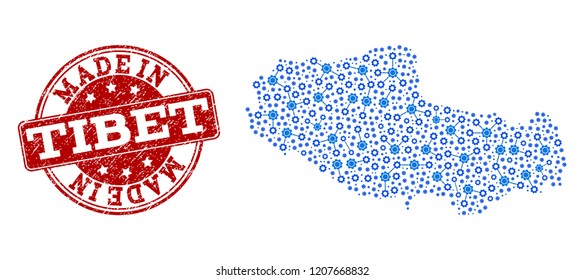 Map of Tibet vector mosaic and Made In grunge stamp. Map of Tibet formed with blue cog relations. Made in red seal with unclean rubber texture. Vector abstract mosaic of map of Tibet with job symbols.