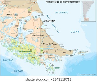 Map of Tierra del Fuego, archipelago at the southern tip of South America