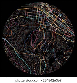 Map of Tijuana, Baja California with all major and minor roads, railways and waterways. Colorful line art on black background.