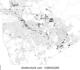 Map of Tijuana, satellite view, black and white map. Street directory and city map. Mexico, California