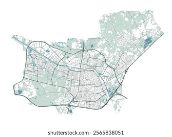 Map of Tilburg, Netherlands. Detailed city vector map, metropolitan area. Streetmap with roads.