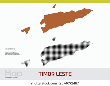 A map of Timor Leste in dual designs, featuring brown-filled details and black abstract dotted patterns, isolated on a white background