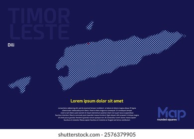 Map of Timor Leste featuring rounded squares with light blue color. The name of the capital marked with a red square. Isolated on a dark blue background. Perfect for various design projects