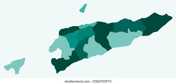 Map of Timor-Leste with regions. Just a simple country border map with region division. Teal color palette. Plain Timor-Leste shape with administrative division. Vector illustration.