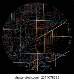 Mapa de TinleyPark, Illinois con todas las carreteras principales y menores, ferrocarriles y vías fluviales. Coloridas líneas de arte sobre fondo negro.
