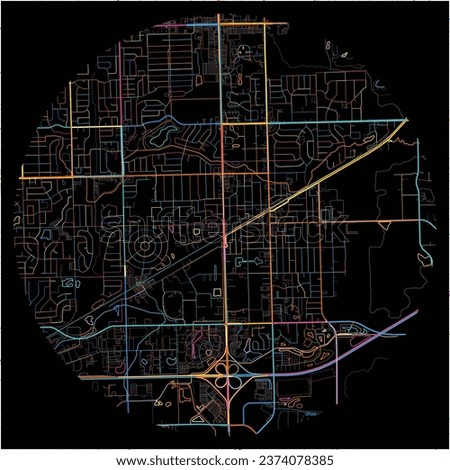 Map of TinleyPark, Illinois with all major and minor roads, railways and waterways. Colorful line art on black background.