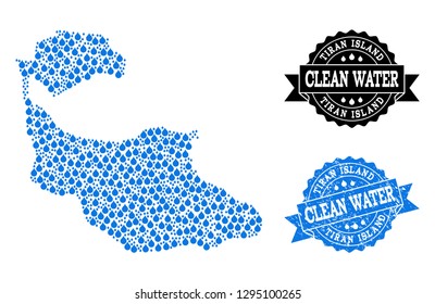 Map of Tiran Island vector mosaic and clean water grunge stamp. Map of Tiran Island created with blue aqua tears. Seal with grunge rubber texture for clean drinking water.