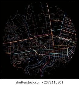Map of Tiraspol, Transnistria with all major and minor roads, railways and waterways. Colorful line art on black background.