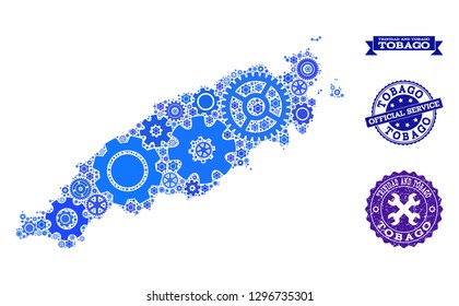Map of Tobago Island created with blue engine symbols, and isolated rubber stamps for official repair services.