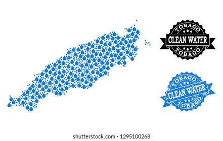 Map of Tobago Island vector mosaic and clean water grunge stamp. Map of Tobago Island designed with blue water raindrops. Seal with grunge rubber texture for clean drinking water.