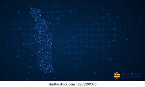 Mapa del diseño moderno de Togo con formas poligonales sobre fondo azul oscuro. Esferas de malla de alambre de negocios a partir de escombros voladores. Concepto de ilustración vectorial de estilo de estructura azul.
