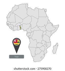 Map of Togo with an official flag. Location on the continent of Africa