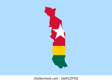 Map of Togo on a blue background, Flag of Togo on it.