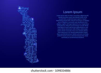 Map Togo from printed board, chip and radio component with blue star space on the contour for banner, poster, greeting card. Computer electronics processor motherboard. Vector illustration. 