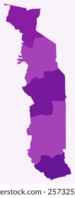 Map of Togo with regions. Just a simple country border map with region division. Purple color palette. Plain Togolese Republic shape with administrative division. Vector illustration.