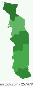 Map of Togo with regions. Just a simple country border map with region division. Green color palette. Plain Togolese Republic shape with administrative division. Vector illustration.