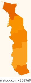 Map of Togo with regions. Just a simple country border map with region division. Orange color palette. Plain Togolese Republic shape with administrative division. Vector illustration.