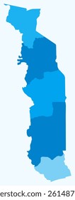 Map of Togo with regions. Just a simple country border map with region division. Light blue color palette. Blank Togolese Republic shape with administrative division. Vector illustration.