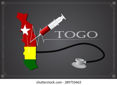 Map of Togo with Stethoscope and syringe.