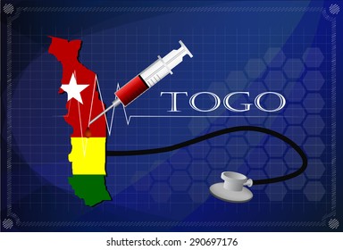 Map of Togo with Stethoscope and syringe.