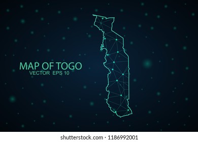 Map Togo. Wire Frame 3D mesh polygonal network line, design sphere,Togo map on dark background. Vector illustration eps 10.