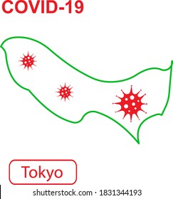 Map of Tokyo labeled "COVID-19". Green outline map on a white background. Vector illustration of a virus, coronavirus, epidemiology.