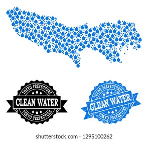 Map of Tokyo Prefecture vector mosaic and clean water grunge stamp. Map of Tokyo Prefecture formed with blue water tears. Seal with scratched rubber texture for clean drinking water.