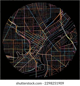 Map of Toledo, Ohio with all major and minor roads, railways and waterways. Colorful line art on black background.