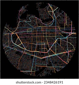 Map of Toluca, México with all major and minor roads, railways and waterways. Colorful line art on black background.