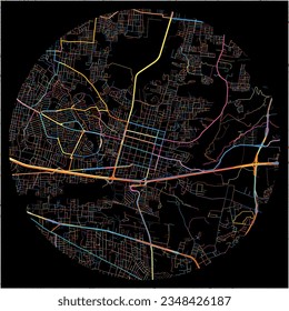Map of Tonala, Jalisco with all major and minor roads, railways and waterways. Colorful line art on black background.