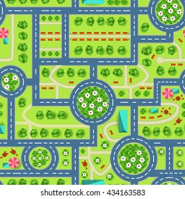 Map of a top view from the city. Road and trees seamless pattern for kids wall or floor room interior design.