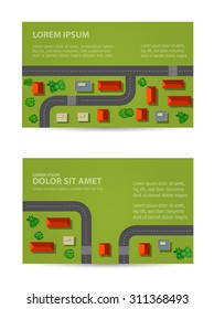 Map of a top view from the rooftops, city streets, trees and highways