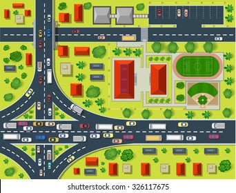 Map Of A Top View From The Rooftops, City Streets, Trees And Highways