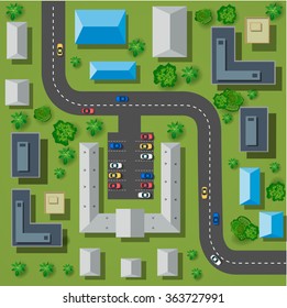 Map Of A Top View From The Rooftops, City Streets, Trees And Highways