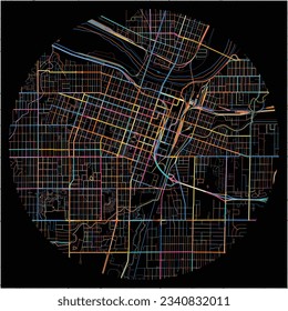 Map of Topeka, Kansas with all major and minor roads, railways and waterways. Colorful line art on black background.