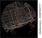 Map of Toronto, Ontario with all major and minor roads, railways and waterways. Colorful line art on black background.