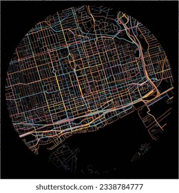 Map of Toronto, Ontario with all major and minor roads, railways and waterways. Colorful line art on black background.