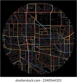 Map of Torrance, California with all major and minor roads, railways and waterways. Colorful line art on black background.