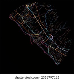 Map of TorredelGreco, Campania with all major and minor roads, railways and waterways. Colorful line art on black background.