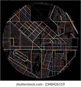 Mapa de Torreón, Coahuila con todas las carreteras principales y menores, vías férreas y vías fluviales. Coloridas líneas de arte sobre fondo negro.