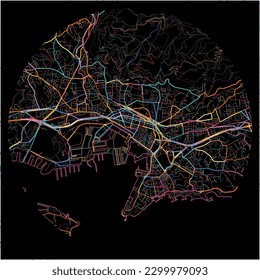 Map of Toulon, Var with all major and minor roads, railways and waterways. Colorful line art on black background.