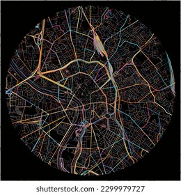 Map of Toulouse, Haute-Garonne with all major and minor roads, railways and waterways. Colorful line art on black background.