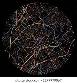 Map of Tourcoing, Nord with all major and minor roads, railways and waterways. Colorful line art on black background.